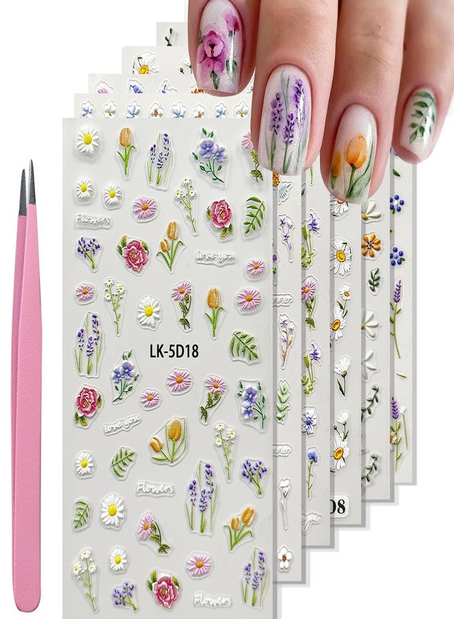 VOTACOS Flower Nail Art Stickers 5D Embossed Flower Nail Decals Spring Summer 3D Self Adhesive Daisy Lavender Nails Decoration Supplies for Women Nails Design - Image 1